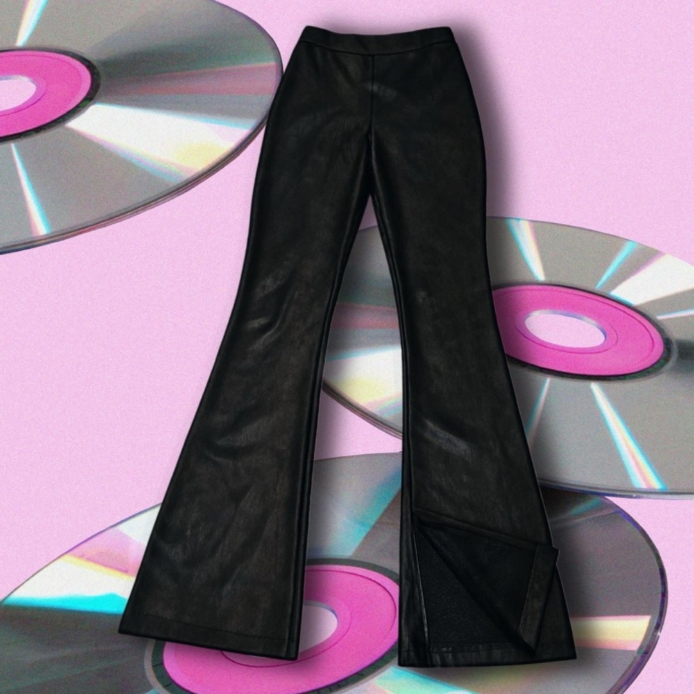 Topshop faux leather flared pants with front slit hem in black with side zipper